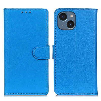 Per iPhone 15 Anti-Scratch Litchi Texture Phone Case Wallet Stand PU Leather Protective Shell - Blue