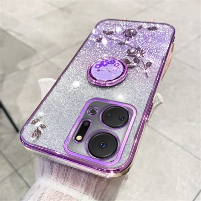 KADEM For Honor X7a 4G Rhinestone Flower TPU Cover Glitter Gradient Phone Case with Ring Kickstand - Purple