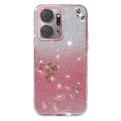 KADEM Rhinestone Flower Glitter Case for Honor X7a 4G Gradient Anti-scratch TPU Phone Cover - Rose Gold