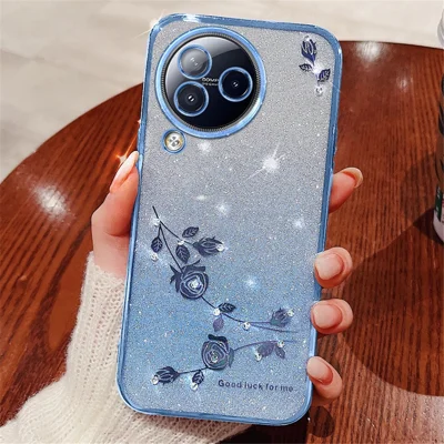 KADEM para Xiaomi Civi 3 5G Capa de Telemóvel TPU com Flores e Cristais Gradiente Brilhante - Azul