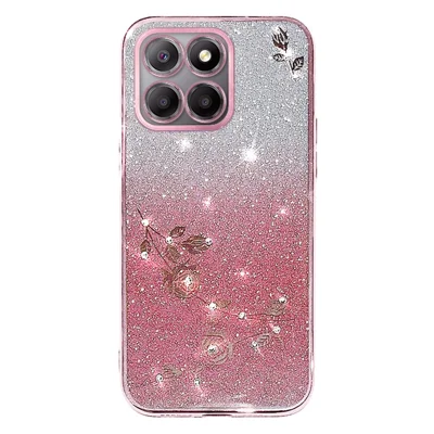 KADEM For Honor X8 5G / X6 4G / 70 Lite 5G Rhinestone Flower Phone Case Glitter Gradient TPU Cover - Rose Gold