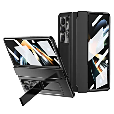 For Samsung Galaxy Z Fold5 5G Kickstand Hard PC Case Protective Phone Cover with Lens Film and Tempered Glass Screen Film - Black