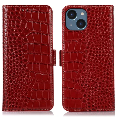 For iPhone 15 Plus RFID Blocking Phone Case Shockproof Genuine Cow Leather Wallet Stand Cover - Red
