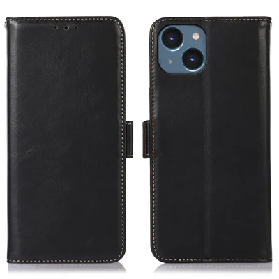 Phone Stand Cover for iPhone 15 Plus Crazy Horse Texture Genuine Cow Leather RFID Blocking Wallet Case - Black