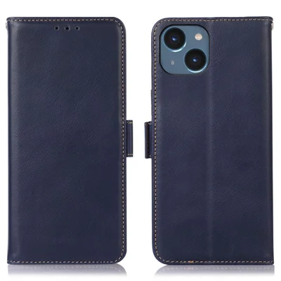 Phone Stand Cover for iPhone 15 Plus Crazy Horse Texture Genuine Cow Leather RFID Blocking Wallet Case - Blue