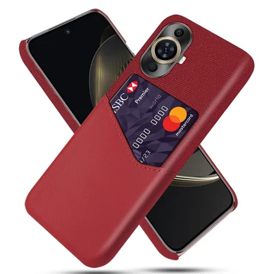 Card Holder Phone Case for Huawei nova 11 / nova 12s 4G / nova 12 Lite 4G , PU Leather Coated PC Cloth Texture Phone Cover - Red