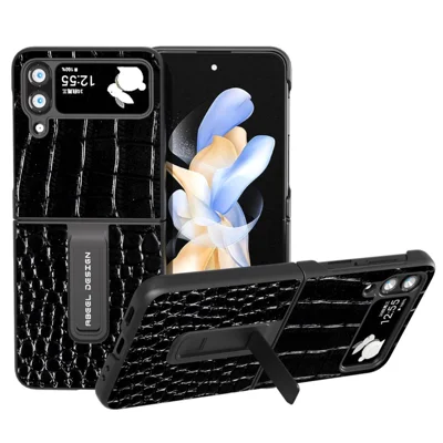 ABEEL For Samsung Galaxy Z Flip4 5G Kickstand Armor Cover Genuine Cow Leather+PC Crocodile Texture Phone Case - Black