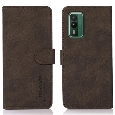 KHAZNEH Para Caixa de Telefone Nokia XR21 Couro Pu Texturizado Carteira Flip Antipoeira Stand Cover - Castanho