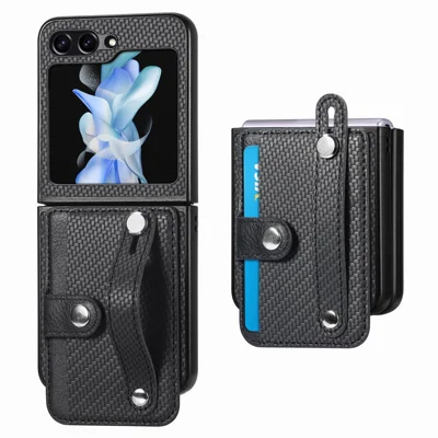 Kartensteckplatz-Handyhülle für Samsung Galaxy Z Flip5 5G mit Kohlefaser-Textur, PU-Leder, PC-Handyhülle mit Ständer - Schwarz