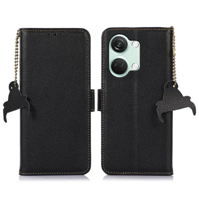 RFID Blocking Phone Case for OnePlus Nord 3 5G / Ace 2V , Genuine Cow Leather Stand Wallet Cover - Black