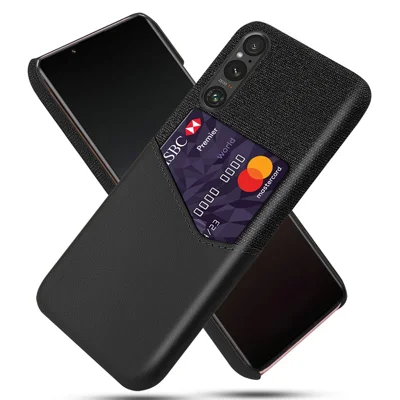 For Sony Xperia 1 V Card Holder PU Leather Coated PC Case Cloth Texture Anti-scratch Phone Cover - Black