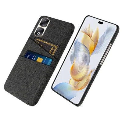 Funda de teléfono con textura de tela para Honor 90 Pro, funda protectora de PC duro + tela con dos ranuras para tarjetas - Negro