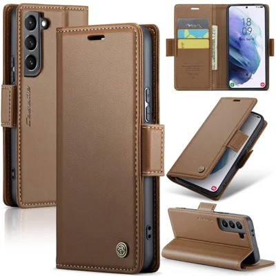 For Samsung Galaxy S21 5G / S21 4G Leather Case CASEME 023 RFID Blocking 3 Card Slot Mobile Cover - Brown