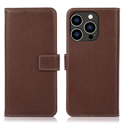 For iPhone 15 Pro PU Leather Wallet Case Litchi Texture Foldable Stand Phone Cover - Brown