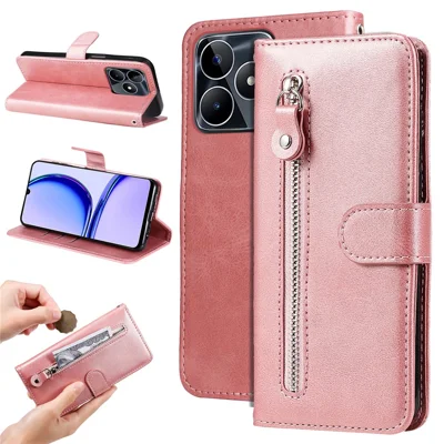 För Realme C53 (Global) / C53 (Indien) / C51 / Narzo N53 4G PU-läder mobilskal Kalvstruktur Ställfunktion Ficka med blixtlås Plånbetsfodral - Rosa
