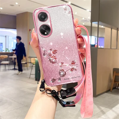 KADEM For Oppo A98 5G Phone Case Glitter Rhinestone Gradient TPU Cover with Carrying Strap - Rose Gold