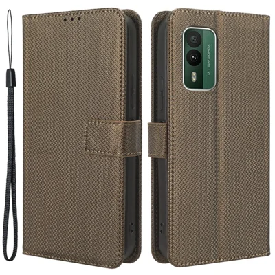 Para Nokia XR21 Capa de telefone à prova de choque com carteira em couro sintético com textura de diamante e suporte - Marrom