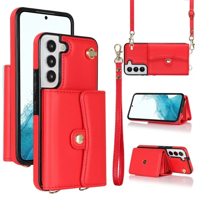 For Samsung Galaxy S22 5G Card Slots Phone Shell PU Leather+TPU Phone Case Kickstand Cover with Short+Long Straps - Red