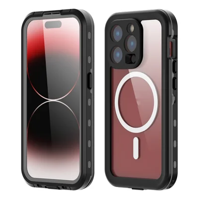 SHELLBOX Dot+ Series IP68 Waterproof Case for iPhone 15 Pro Magnetic PC+TPU Clear Phone Cover Compatible with MagSafe - Black