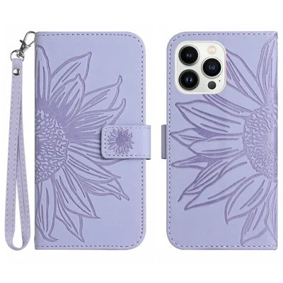 HT04 Phone Case for iPhone 15 Pro , Sunflower Pattern Stand Leather Wallet Cover with Hand Strap - Light Purple