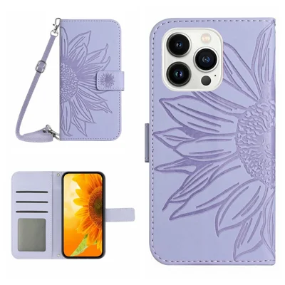 HT04 Stand Shell for iPhone 15 Pro Max Sunflower Imprint Phone Case Leather Wallet with Shoulder Strap - Light Purple