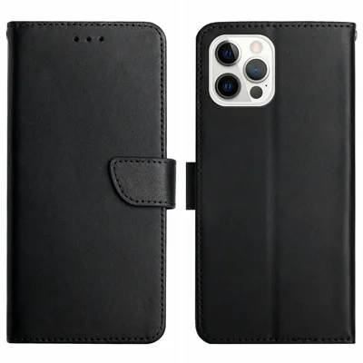 HT02 Wallet Stand Case für iPhone 15 Pro Max, echtes Rindsleder, Nappa-Textur, stoßfeste Handyhülle - Schwarz
