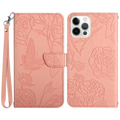 HT03 For iPhone 15 Pro Butterfly Imprinted PU Leather Phone Stand Cover Wallet Case with Wrist Strap - Pink