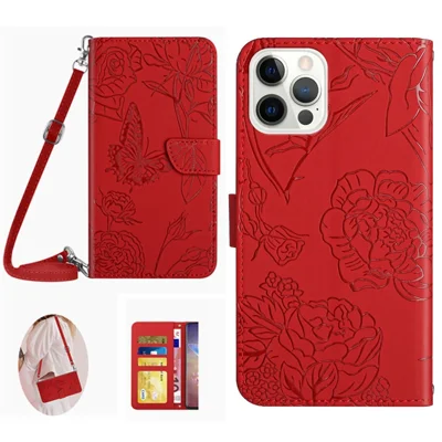 HT03 Phone Cover for iPhone 15 Pro Max PU Leather Stand Wallet Imprinted Case with Shoulder Strap - Red