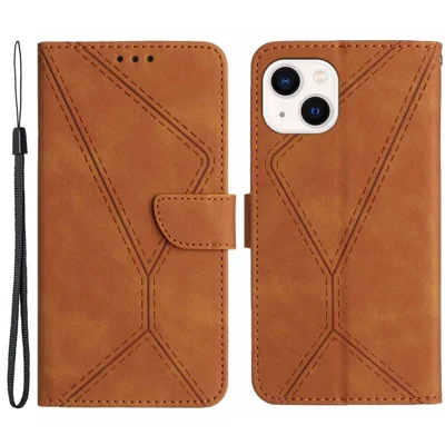 HT05 Lederhülle für iPhone 15 Skin-Touch Flip Stand Wallet Bedruckter Linientelefon-Koffer - Braun