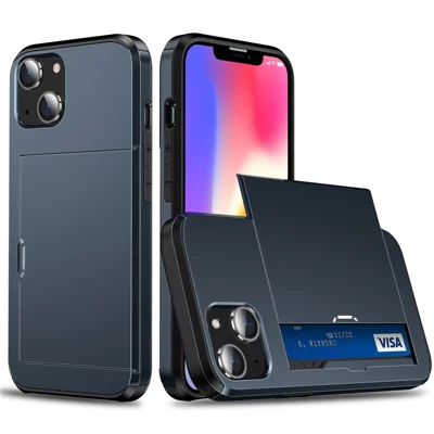 Custodia Portacarte per iPhone 15 Plus, Custodia Antiurto in TPU + PC a Doppio Strato - Blu Navy