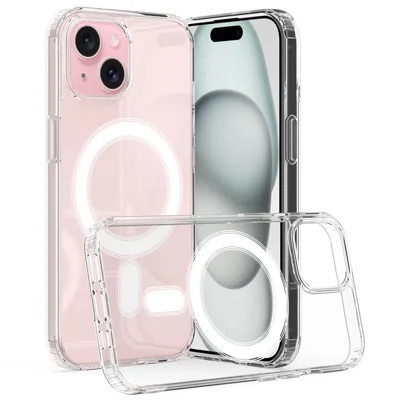 غطاء هاتف شفاف لجهاز iPhone 15، غطاء واقي من الأكريليك وTPU مع حلقة مغناطيسية متوافق مع MagSafe