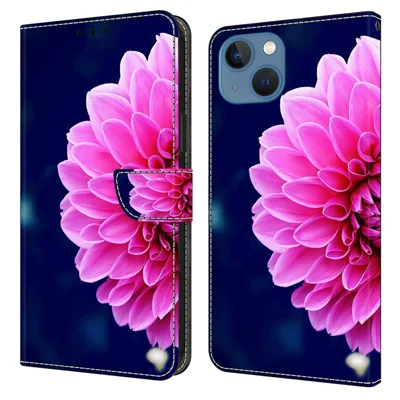 For iPhone 13 Wallet Case PU Leather Magnetic Closure 3D Pattern Stand Phone Cover - Pink Flowers