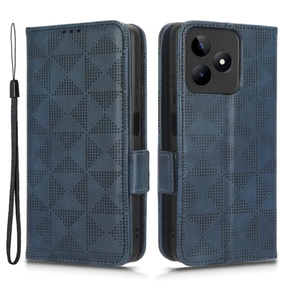 Handyhülle für Realme Narzo N53 4G / C53 (Global) / C53 (Indien) / C51, bedruckt mit Dreieckmuster, aus PU-Leder, mit Ständer und Brieftasche – Blau