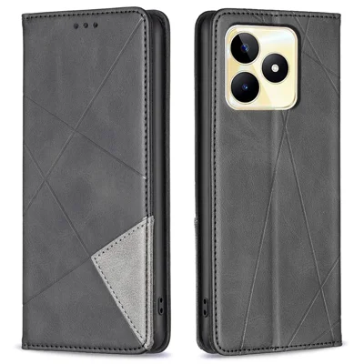 Coque porte-cartes pour Realme C53 (Global) / C53 (Inde) / C51, étui téléphone en cuir avec motif lignes imprimées, support intégré - Noir