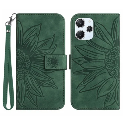 HT04 For Xiaomi Redmi 12 4G Imprinted Wallet Phone Case Leather Stand Cover with Hand Strap - Dark Green