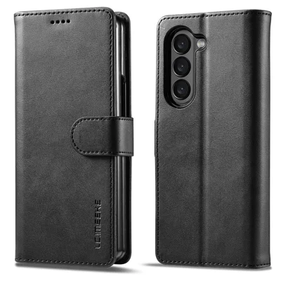 LC.IMEEKE для Samsung Galaxy Z Fold5 5G Кожаный кошелек для телефона Чехол для стойки Телефонная крышка с фактурой под теленка - Черный