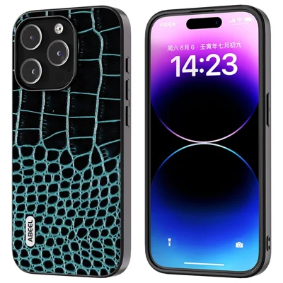 ABEEL For 	iPhone 15 Pro Crocodile Texture Phone Case Genuine Cow Leather+PC+TPU Hybrid Cover - Blue