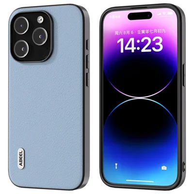 ABEEL For iPhone 15 Pro Max Shockproof Phone Case Genuine Cow Leather+PC+TPU Protective Cover - Blue