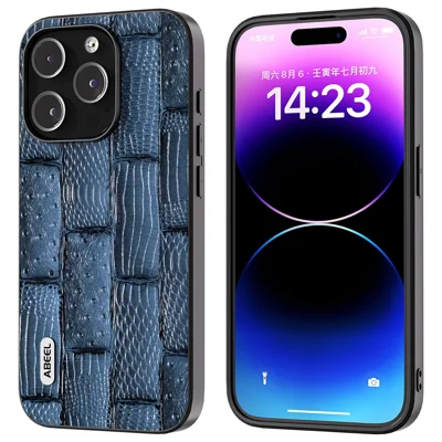 ABEEL For iPhone 15 Pro Max Shockproof Cover Genuine Cow Leather+PC+TPU Mahjong Texture Phone Case - Blue