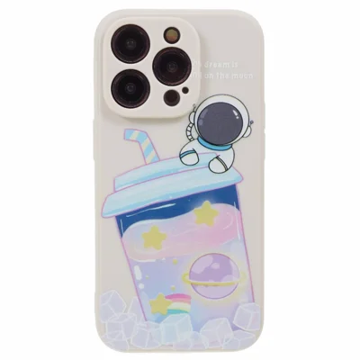 For iPhone 14 Pro Max Cartoon Astronaut Pattern Printing Anti-drop Phone Case Soft TPU Cover - White