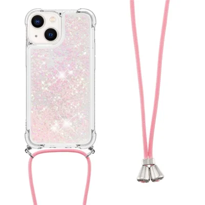 For iPhone 15 Plus TPU Case Quicksand Design Phone Cover with Lanyard - Pink / Pentagrams