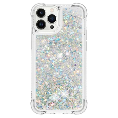 For iPhone 15 Pro TPU Case Glitter Quicksand Shockproof Phone Back Cover - Silver / Hearts