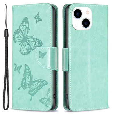 Für iPhone 15 Faltbarer Standfuß Wallet Phone Flip Case Butterfly Geprägtes Leder Cover mit Riemen - Grün