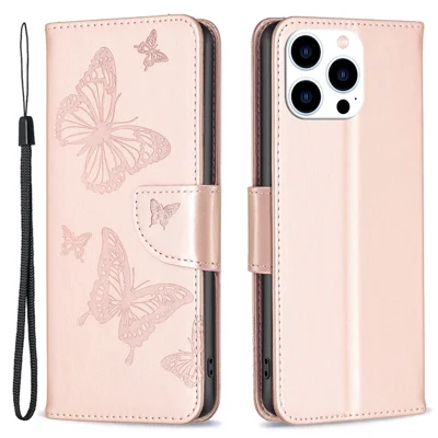 For iPhone 15 Pro Shockproof Phone Flip Case Butterfly Imprinted Leather Stand Wallet Cover with Strap - Rose Gold