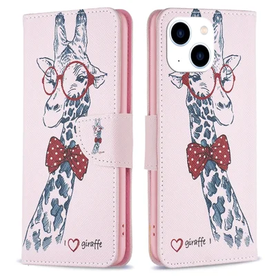 Stand Wallet Phone Case for iPhone 15 , Pattern Printing PU Leather + TPU Phone Cover - Giraffe