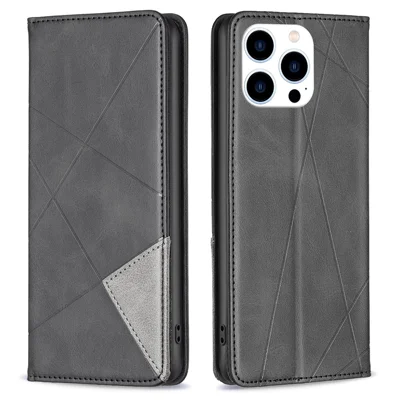 For iPhone 15 Pro Imprinted Line Cell Phone Case Stand Card Holder Shell Leather Phone Cover - Black