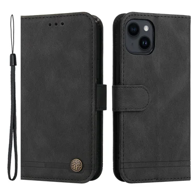For iPhone 15 Plus Leather Wallet Cases Skin Touch Phone Cover Stand with Strap - Black