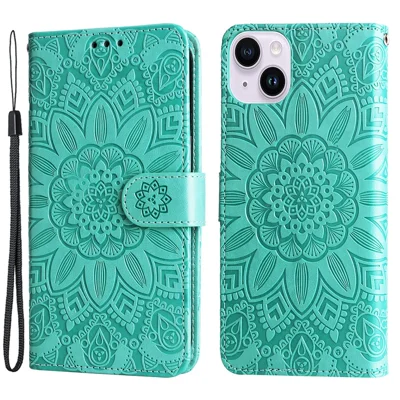 For iPhone 15 Plus Shockproof Sunflower Imprinted Stand PU Leather Cover Wallet Case - Green