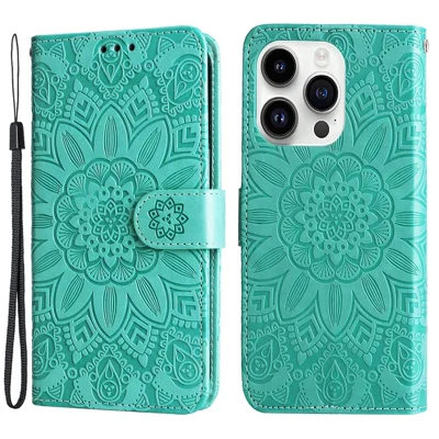 For iPhone 15 Pro Max Phone Stand PU Leather Cover Shockproof Sunflower Imprinted Wallet Case - Green