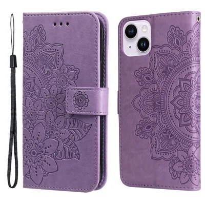 Für iPhone 15 Plus Hülle Blumenmuster PU-Leder Geldbörse Ständer Handyhülle - Lila